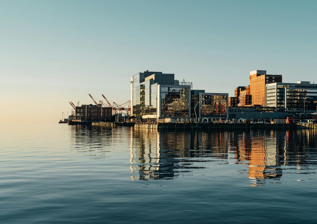 Halifax waterfront at dusk — commercial fishing insurance and seafood export in Nova Scotia