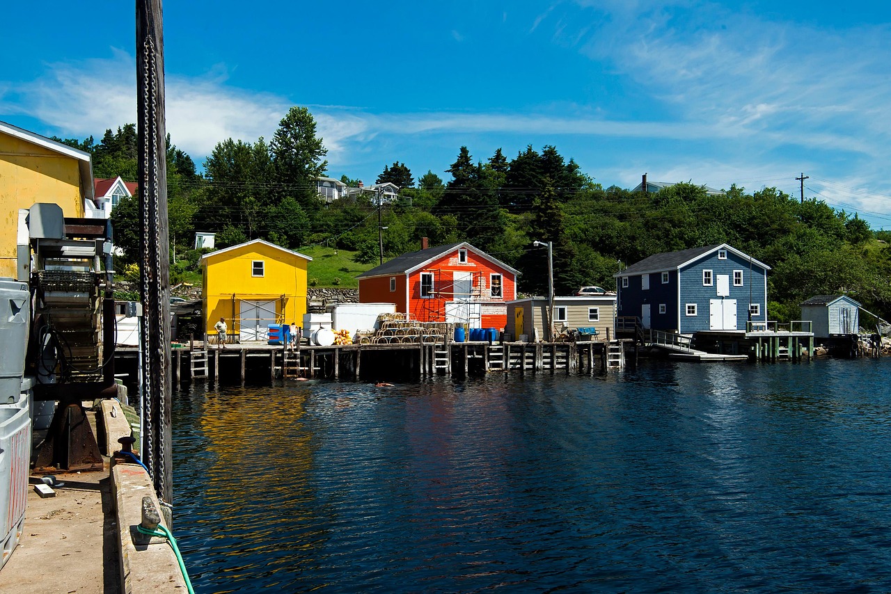 Fishing sheds and wharf in a Nova Scotia harbour — commercial fishing insurance for Atlantic Canada